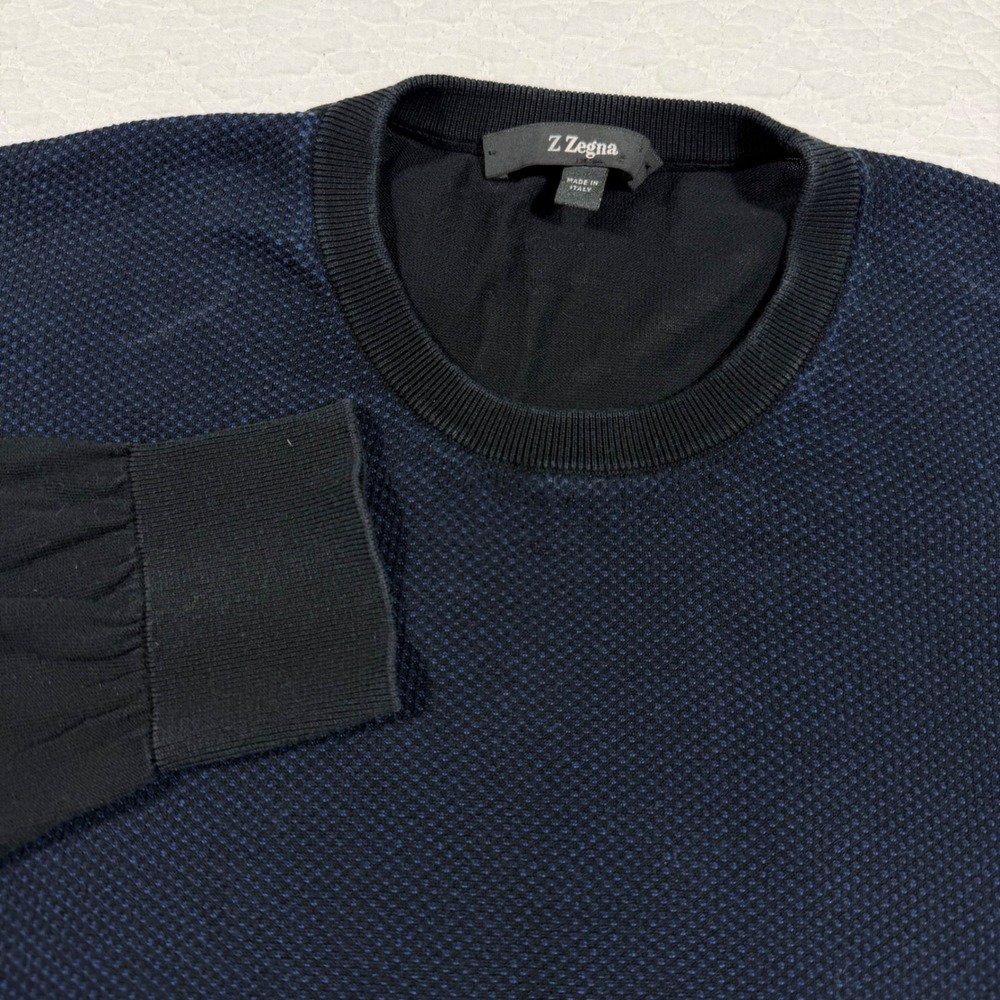 Z Zegna Sweater Mens M Navy Black Two-Tone Textured Knit Cotton Made in Italy